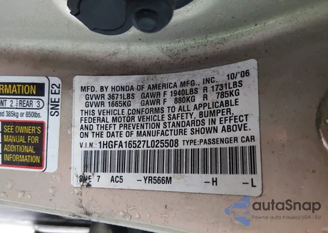 2007 Honda Civic Lx z USA, uszkodzony, nr VIN 1HGFA16527L025508
